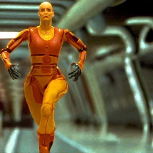 Image similar to The matrix, LeeLoo, Starship Troopers, Sprinters in a race with a clear winner, The Olympics footage, intense moment, cinematic stillframe, shot by Roger Deakins, The fifth element, vintage robotics, formula 1, starring Geena Davis, sports photography, clean lighting