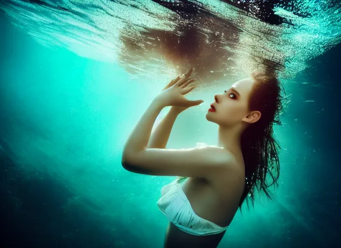 Image similar to under water pretty women, water light scattering, underwater photography, high details, 8 k, realistic shot, cinematic lighting