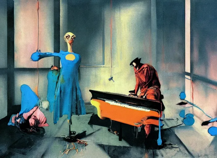 Prompt: a still from the film the pianist, by francis bacon, surreal, scene from the movie prometheus, norman rockwell and james jean, greg hildebrandt, triadic color scheme, by greg rutkowski, in the style of francis bacon and syd mead and edward hopper and beksinski, dark surrealism, orange and turquoise and pink and yellow and blue and red