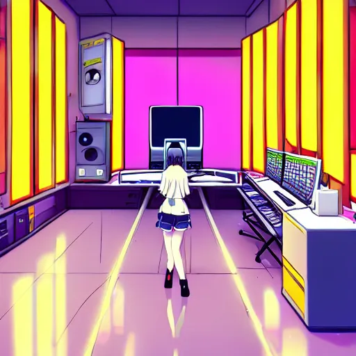 Image similar to An anime character working in their music studio. 90s anime, Sailor Moon, Neon Genesis, official art, flat cell shading, fantastic screenshot art, trending on artstation