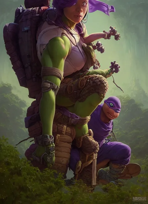 Image similar to highly detailed portrait of april o'neal and teenage mutant ninja turtle donatello, stephen bliss, unreal engine, fantasy art by greg rutkowski, loish, rhads, ferdinand knab, makoto shinkai and lois van baarle, ilya kuvshinov, rossdraws, tom bagshaw, alphonse mucha, global illumination, radiant light, detailed and intricate environment