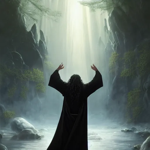 Image similar to a beautiful portrait of an epic fantasy shaman elf man with long black hair a black beard and white robes holding his hands up in praise to his god, oil painting, Greg Rutkowski, Charlie Bowater, white robes, unreal 5, DAZ, hyperrealistic, octane render, RPG portrait, dynamic lighting, fantasy art, beautiful face