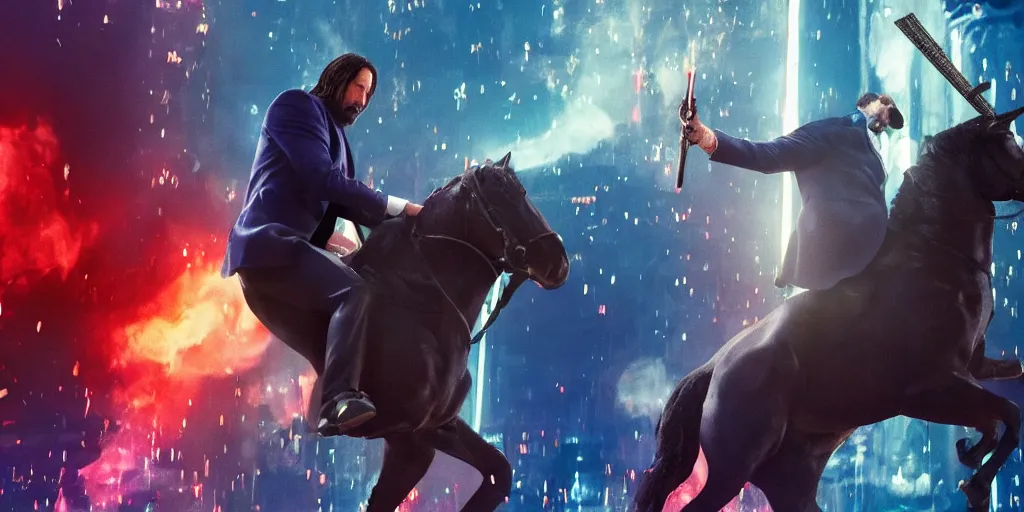 Image similar to Keanu Reaves riding a unicorn, over the shoulder shot, still from John Wick 3, shooting a weapon at a statue of Luigi, IMAX style, digital art, Movie Poster, DreamWorks 8K RED