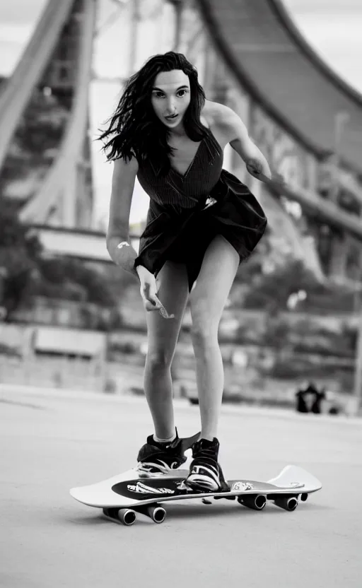 Image similar to gal gadot as a skateboarder, nikon 3 5 mm portrait photography