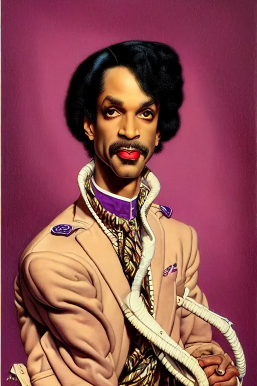 Image similar to prince rogers nelson portrait by gil elvgren and norman rockwell and rob gonsalves and hajime sorayama, hyperrealistic, high detail, ultra detailed, highly detailed face, ruffled fabric