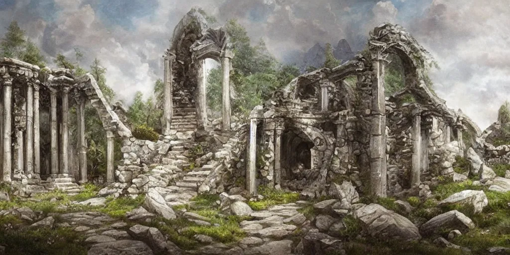 Prompt: painting of elven ruins built from white marble in the wilderness, mysterious, fantasy