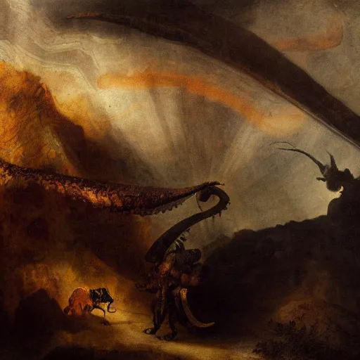 Prompt: king anomalocaris of the underworld, cambrian fauna, rembrandt baroque painting, dutch golden age landscape painting, mysterious, ambient light, dramatic light, soft colours