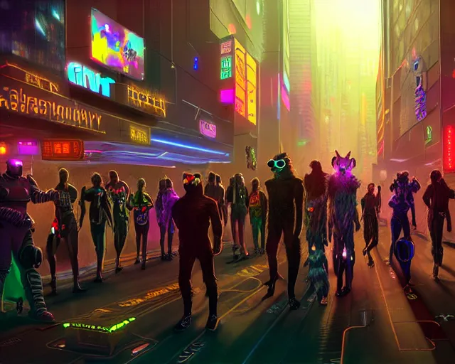 Image similar to high - resolution photograph from a cyberpunk era furry fandom convention ( midwest furfest 2 0 4 7 ), taking place after the genetic revolution and singularity. photorealistic.