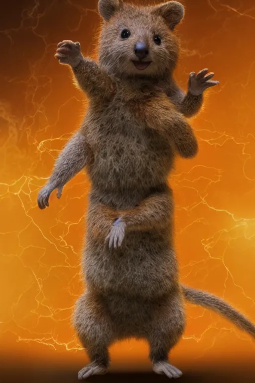 Image similar to detailed illustration, a quokka as a 1 9 8 0 s wrestling action figure, ultra realistic, dramatic lighting, thick black swirling smoke tornado, artstation