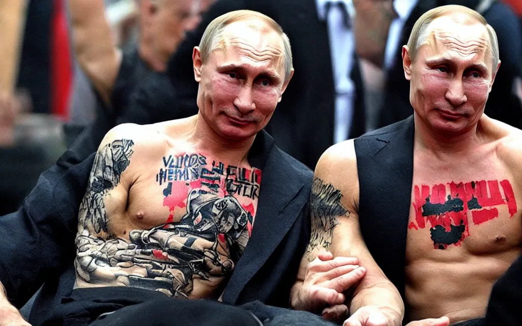 Image similar to famous photo of vladimir putin with torso covered with criminal tattoo photo dy journalists