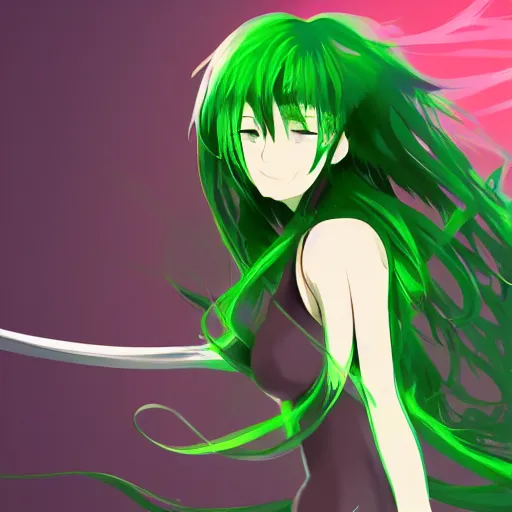 Image similar to anime fencer, green hair, cinematic lighting, animation, illustration