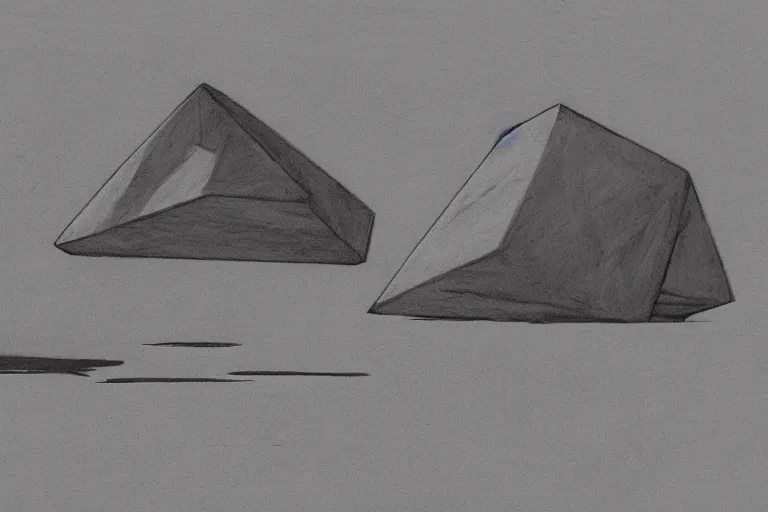 Image similar to giant stone octahedron floating above the desert concept sketch by joe johnston and nilo rodis - jamero and ralph mcquarrie and norman reynolds
