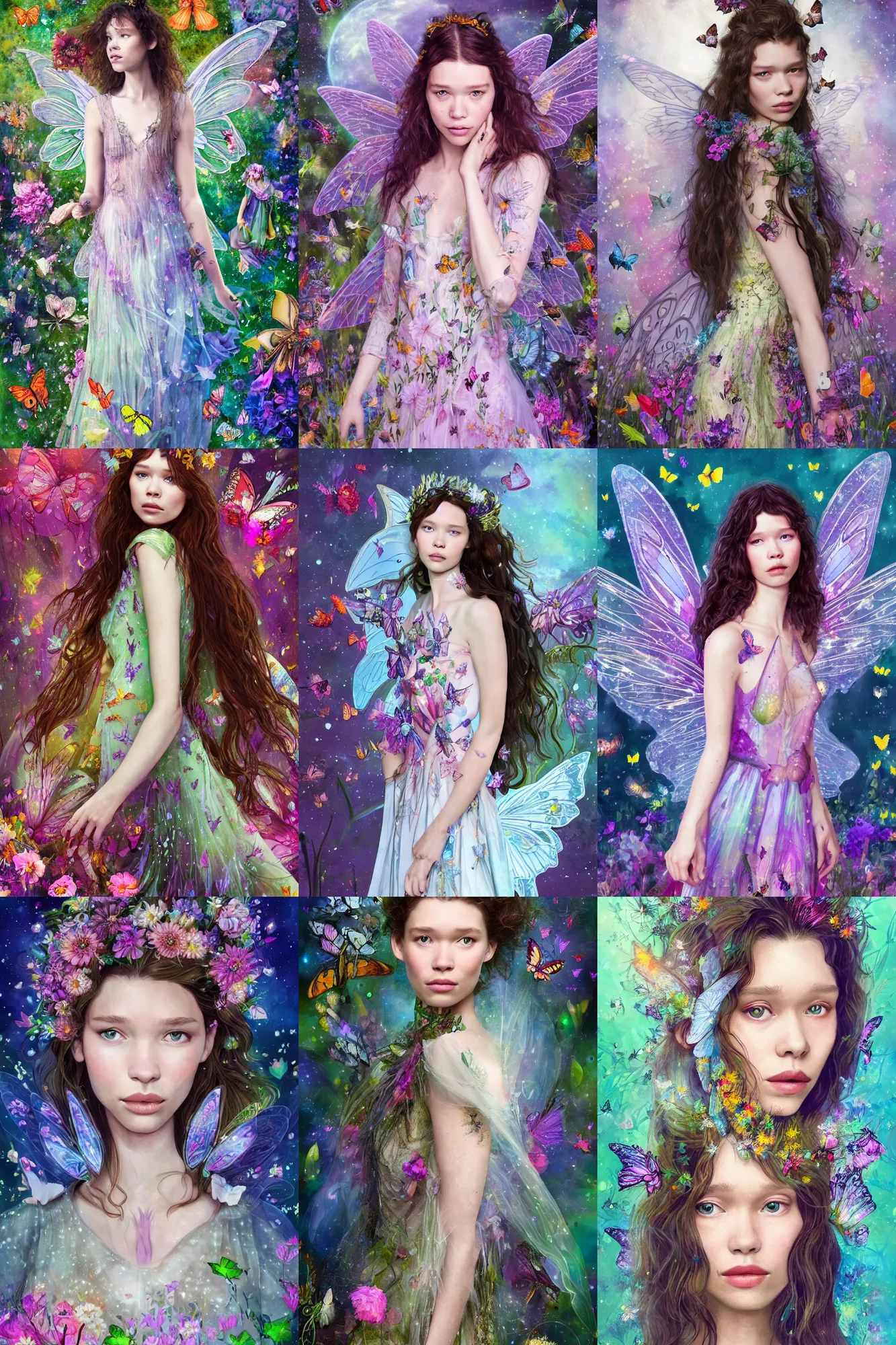 Prompt: astrid berges frisbey as a fairy. she is facing the camera. full body portrait. digital illustration. wearing a dress made out of flowers and butterflies. space surrounds her. trending on art station, low detail, fluid, dreamy, vivid colours.