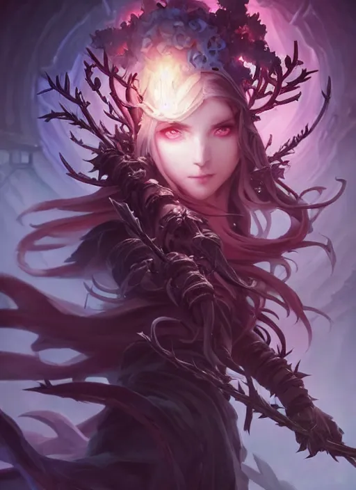 Prompt: beautiful necromancer with mist and smoke magic, surrounded by thorns and lilies. wavy hair, cape, attarctive face, anime key visual, highly detailed, sharp focus, concept art, league of legends, style by shumolly and monable and artgerm and greg rutkowski and zeronis and pilyeon and ruan jia