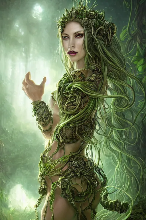 Prompt: a beautiful young woman, Vraska golgari queen, long flowing medusa hair, mostly green and leather pirate armor, young female face, vine like plants and jungle background, cinematic top lighting, insanely detailed and intricate, face by wlop, Charlie Bowater, golden ratio, symmetric, elegant, ornate, luxury, elite, matte painting, MTG, magic the gatheing, cinematic, cgsociety, 8k, high resolution