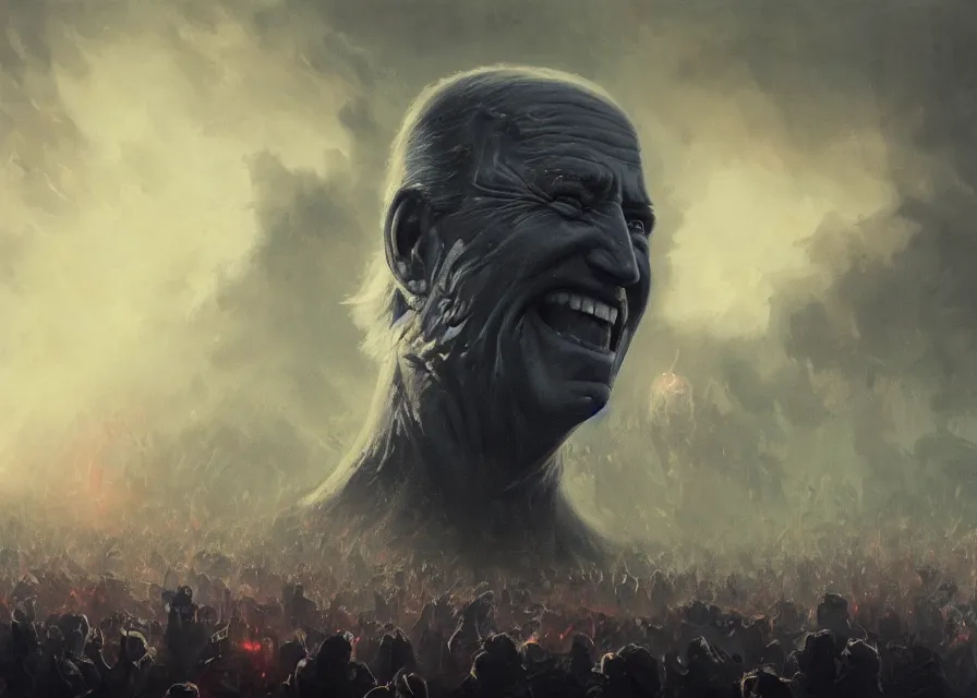 Image similar to abstract painting of giant Joe Biden smiling evil emperor of the world emerging in dark clouds, Sidious, immense crowd of people, noxious, cosmic horror, evil, dangerous, trending on ArtStation, masterpiece, by Greg Rutkowski, by Ross Tran, by Fenghua Zhong, octane, lightbeam eyes, soft render, clear facial features, oil on canvas, moody lighting, cinematic, professional environment concept art