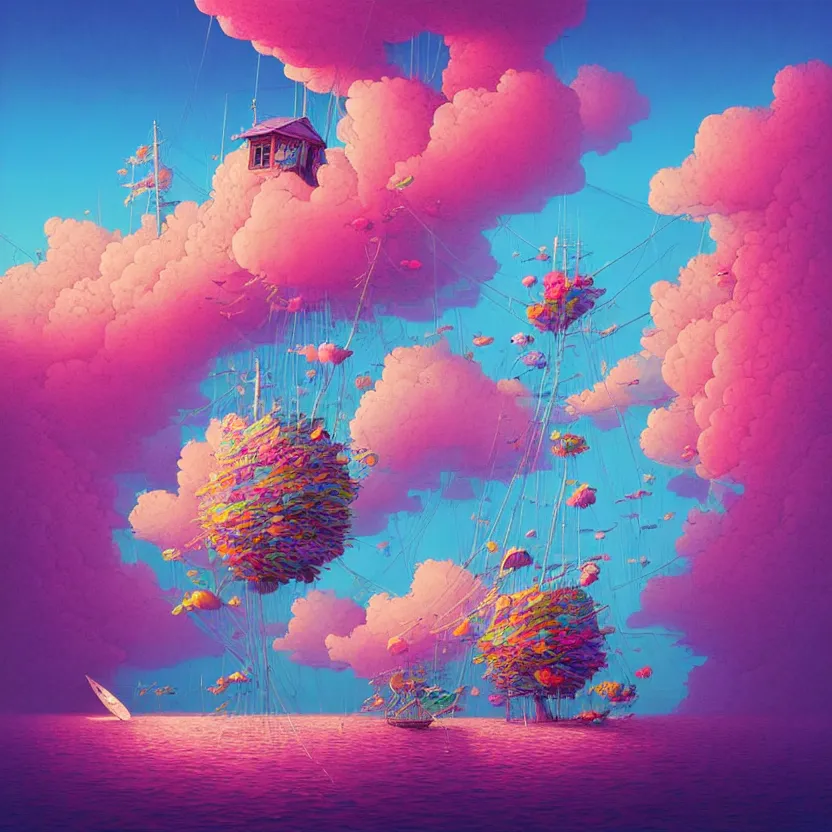 Image similar to sea cloud, summer morning, very coherent and colorful high contrast, art by! gediminas pranckevicius! geof darrow, pastel color, volumetric lighting, cinematic, floralpunk screen printing woodblock, dark shadows, hard lighting, stippling art