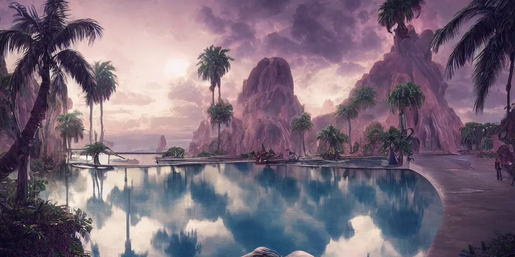 Prompt: artgem and greg rutkowski masterpiece, hyperrealistic surrealism, award winning masterpiece with incredible details, epic stunning, infinity pool, a surreal vaporwave liminal space, highly detailed, trending on ArtStation, calming, meditative, pink arches, palm trees, very vaporwave, very very surreal, sharp details, dreamscape, gigantic alien mirror structure