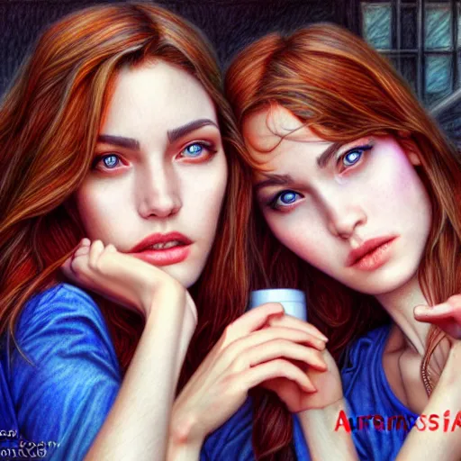 Image similar to French sisters in a café posing for the camera. insanely and epically detailed supreme-quality color pencil artwork, amazingly composed image, epic pencil illustration by Artgerm and Stanley Law.