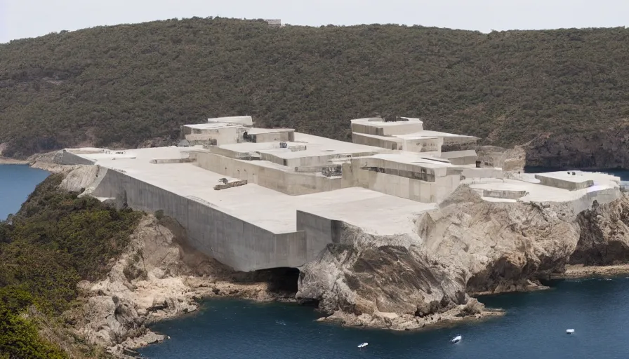 Image similar to big military base perched on a cliff overlooking a magnificient bay, laboratory, drawing architecture, pritzker architecture prize, greig fraser