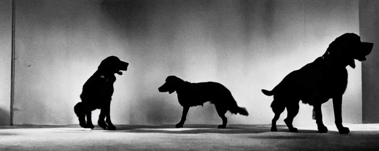 Image similar to A still frame from a noir movie in black and white featuring an old big black dog who is a private investigator, cinematic composition, dramatic lighting