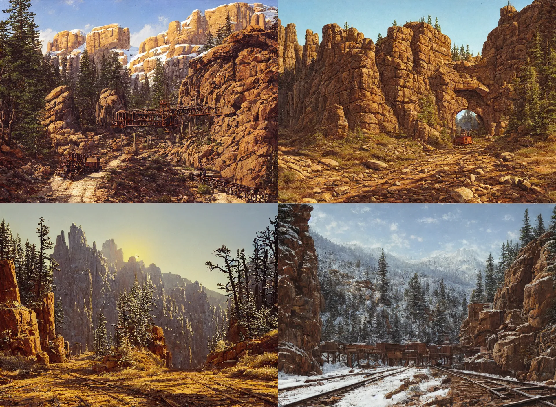 Image similar to entrance to wild west mine, rail tracks lead from the mine, a mine cart sits on the tracks, mine cart, sheer cliffs surround the scene, high elevation, sparse pine forest, dusting of snow, rock arches, long shadows, golden hour, wide angle, oil painting, albert bierdstadt