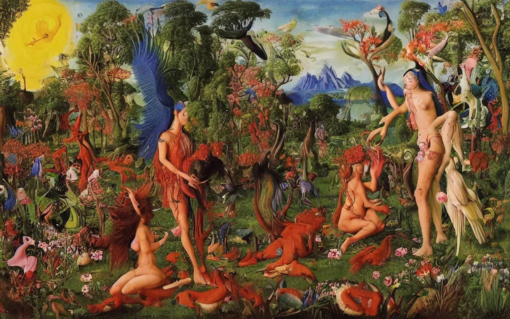 Prompt: a vibrant photograph of a meditating centaur shaman and a harpy mermaid feeding animals. surrounded by bulbous flowers, a few trees and wild animals. river delta with mountains under a blue sky full of burning stars and birds. painted by jan van eyck, max ernst, ernst haeckel, ernst fuchs and artgerm. trending on artstation