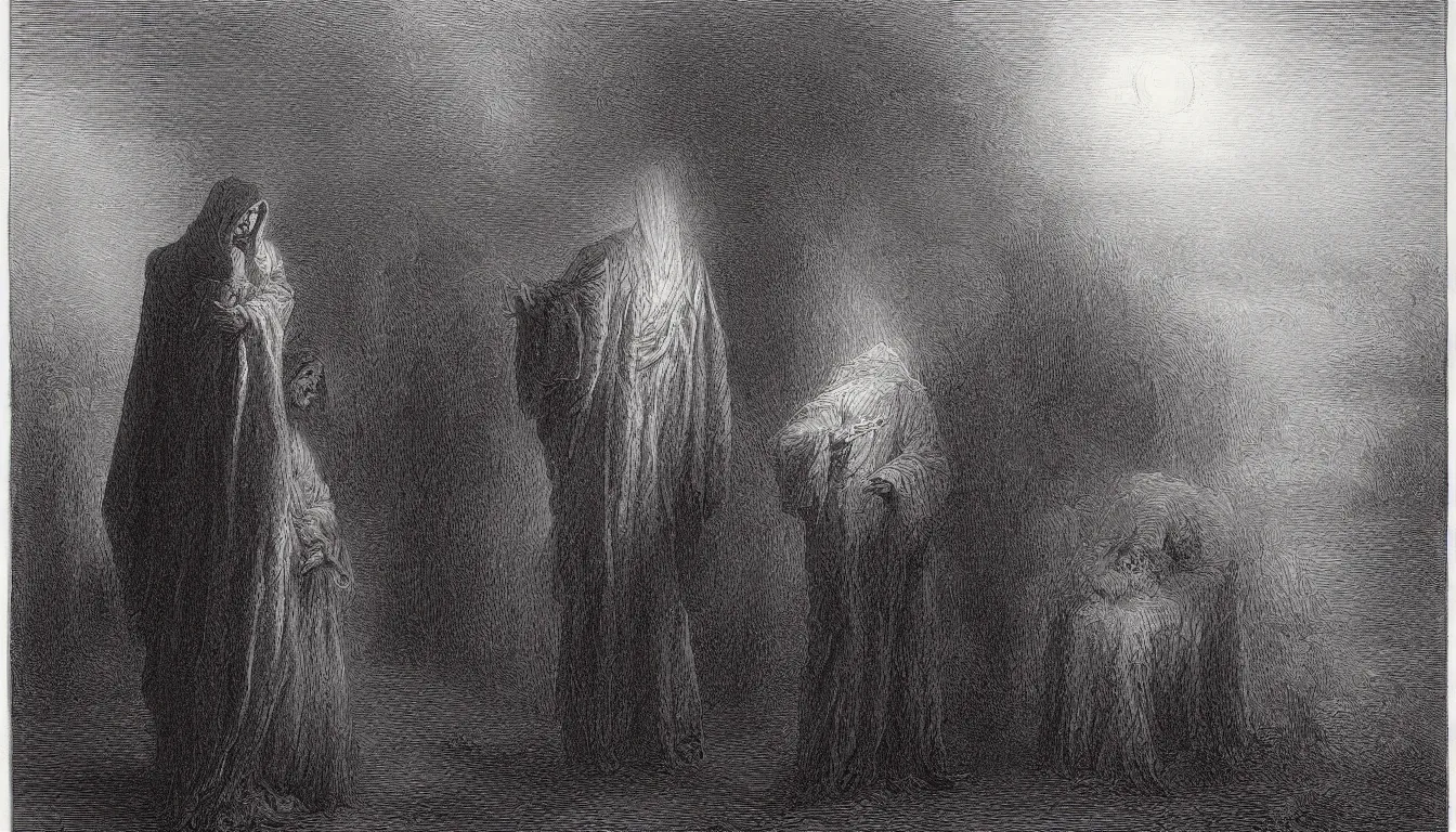 Prompt: singular lamb wearing cultist robes by gustave dore, deep crimson and dark shadows, foggy background, ambient glow, horror scene