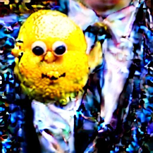 Prompt: photo of a lemon character, with a business suit on, 24 mm lens