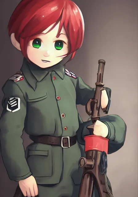 Image similar to beautiful little boy in nazi uniform posing while hold an canon. red, green, blue and gray pallet color. made in abyss art style, inspired by kris from deltarrune, cute detailed artwork, anatomically correct, soft details, ilya kuvshinov, reflection, perfect composition, mobile wallpaper, illumination, digital art, detailed anime soft face