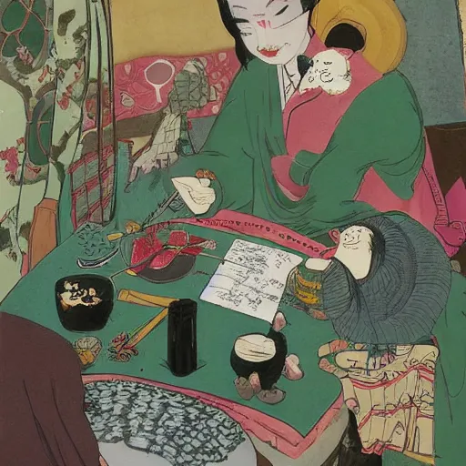 Image similar to Japanese beauty wrapped in a snake having tea with her husband by Toshio Saeki, high detailed