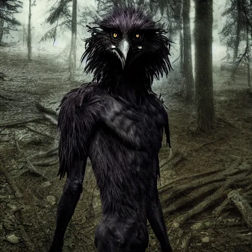 Image similar to werecreature consisting of a crow and a human, featured on artstation, photograph captured in a dark forest