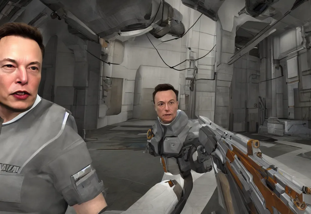 Image similar to elon musk in half life, elon musk in the video game half life, gameplay screenshot, close up, 3 d rendering. unreal engine. amazing likeness. very detailed.