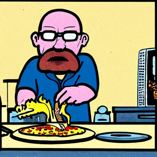 Prompt: drawing of walter white cooking pizza with a blowtorch by bill watterson