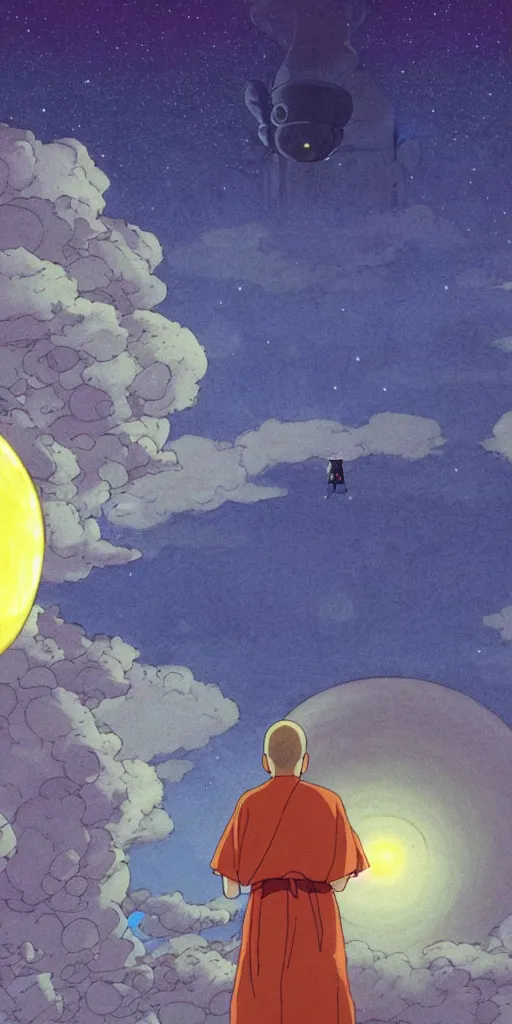 Image similar to a realistic cell - shaded studio ghibli concept art from paprika ( 2 0 0 6 ) of a floating cube from close encounters of the third kind ( 1 9 7 7 ) and a monk meditating on a misty starry night. very dull colors, hd, 4 k, hq