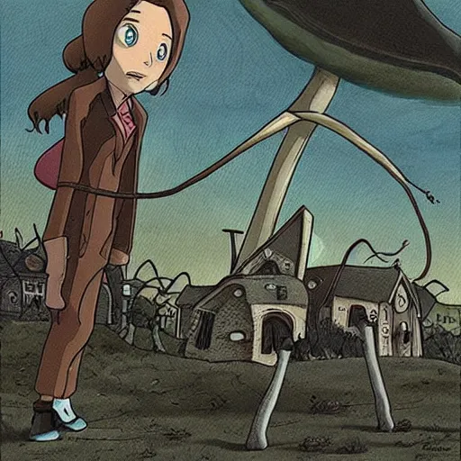 Image similar to war of the worlds, in the style of ghibli and mark ryden