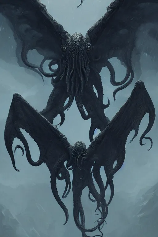 Image similar to cthulhu, wings, digital art, in the style of greg rutkowski, trending on artstation