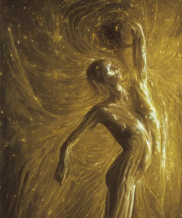 Image similar to Beautiful full-body wax sculpture of a glowing transparent woman in glowing dress with visible gold bones covered with melted white wax inside the singularity where stars becoming baroque folds of dark matter by Michelangelo da Caravaggio, Nicola Samori, William Blake, Alex Grey and Beksinski, dramatic volumetric lighting, highly detailed oil painting, 8k, masterpiece