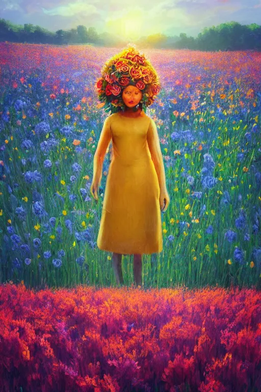 Image similar to closeup, giant flower head, girl in suit standing in a field of flowers, surreal photography, sunrise, blue sky, dramatic light, impressionist painting, digital painting, artstation, simon stalenhag