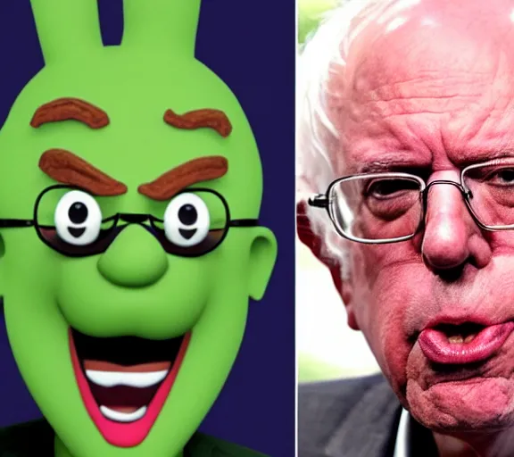 Image similar to bernie sanders face made of the mascot character jolly green giant, closeup detailed
