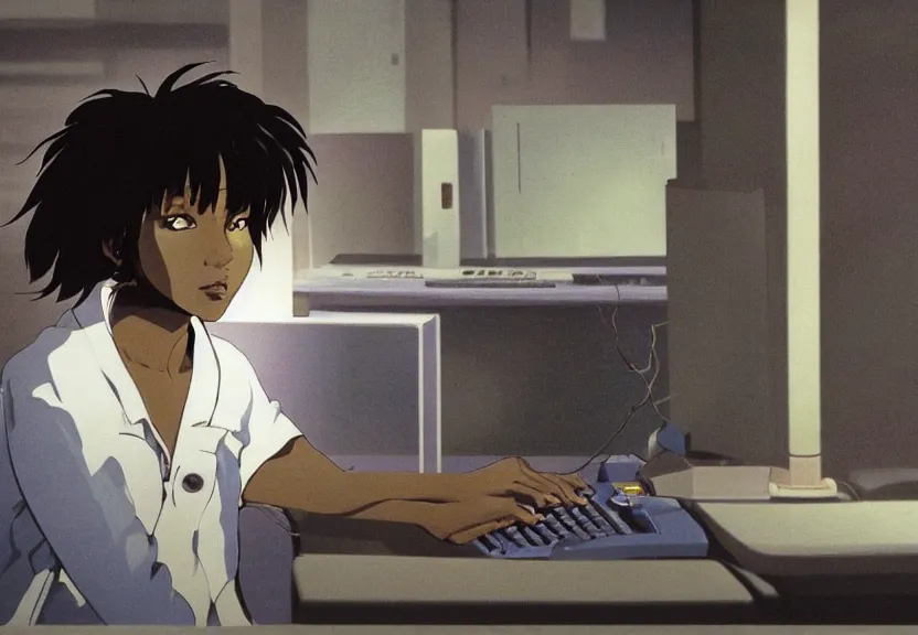 Prompt: dark skin woman wearing a white lab coat with a dark blue wolf haircut to shoulder, body connected to wires and connected to 1 9 8 0 s computers, painted by yoshitoshi abe and makoto shinkai, in the style of serial experiments lain, dynamic lighting, dark ambience, 3 5 mm, cell - shaded, detailed face