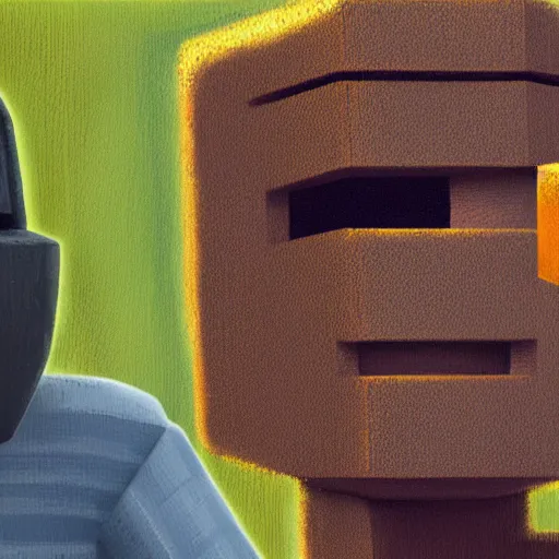 Image similar to minecraft steve meeting moai head, cinematic, 4 k, oil painting