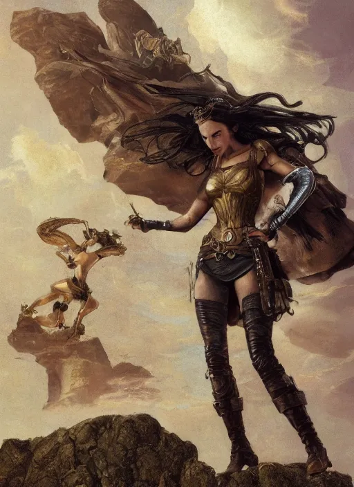 Image similar to highly detailed steampunk gal gadot standing on a boulder : leonardo da vinci, greg rutkowski, magali villeneuve