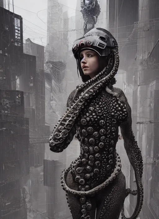 Image similar to hyperrealism, detailed textures, photorealistic 3 d cyberpunk octopus queen in apocalyptic city, futuristic clothing and helmet, ultra realistic, cinematic, intricate, low light, unreal engine 8 k