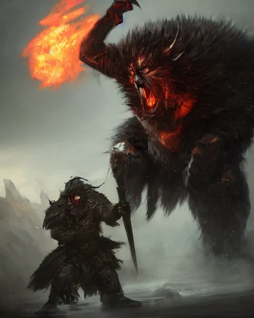 Prompt: oil painting of Angry Donald Trump Berserker, wearing fur armor, claws, sharp focus, attack pose, fantasy style, octane render, volumetric lighting, 8k high definition, by greg rutkowski, highly detailed, trending on art Station, magic the gathering artwork, burning Battlefield background, centered