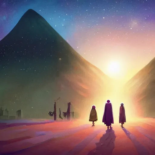 Image similar to bedouin walking towards mosque surrounded by nebula, artstation, detailed cartoon, elegant, digital painting, concept art, smooth, sharp focus, illustration, ghibli, makoto shinkai, don bluth, fujita goro, jean giraud, akihiko yoshida, tom whalen 8 k