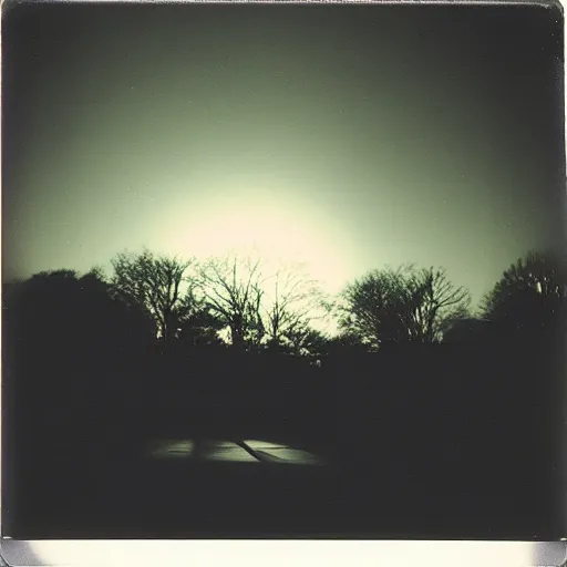 Image similar to a circle of lights flying through the sky, blurry photo, old polaroid, expired film, historical photo,