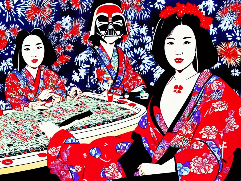 Image similar to hyperrealistim composition of the detailed single woman in a japanese kimono sitting at a extremely detailed poker table with darth vader, fireworks, river on the background, pop - art style, jacky tsai style, andy warhol style, acrylic on canvas