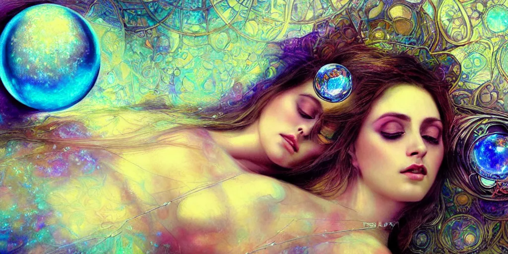 Image similar to detailed portrait of an ethereal gypsy woman laying down with big eyes, glowing face, crystal ball, half moon, photorealistic, colorful dress, in the style of ruan jia, karol bak, holographic undertones, art nouveau, moon phases, mosaic forest background, intricate, smooth, sharp focus, dramatic lighting, illustration, hdr, artgerm