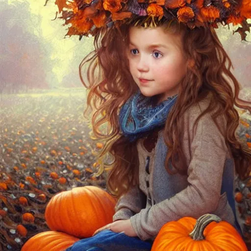 Image similar to a cute little girl with light brown wavy curly hair and blue eyes sitting amidst piles of pumpkins. beautiful cute highly detailed face. she is wearing a crown of autumn leaves. autumn and fall and halloween themed painting by artgerm and greg rutkowski and alphonse mucha.